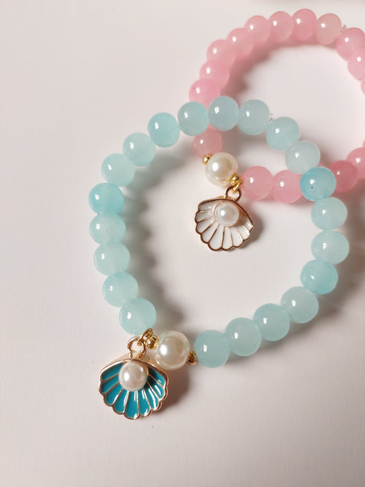 Adjustable Couple Glass Beads Bracelet With  Seashell Charms