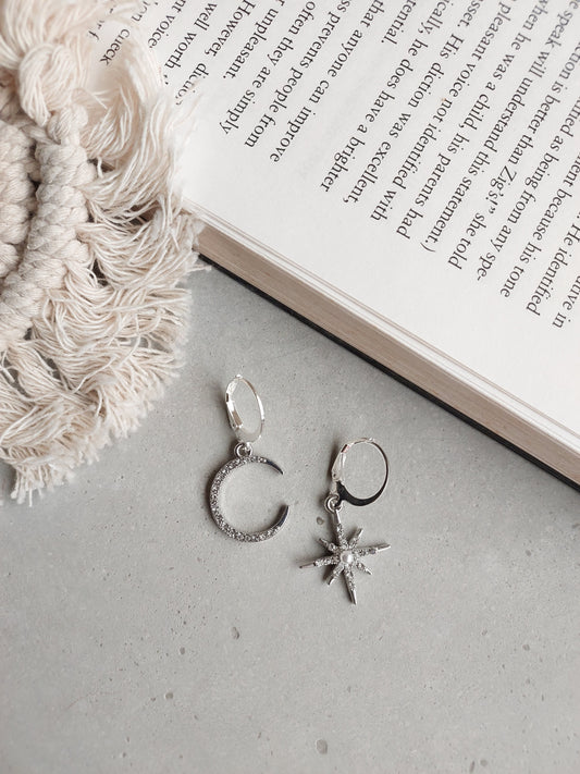 Korean Style Silver Plated Star Moon Earrings