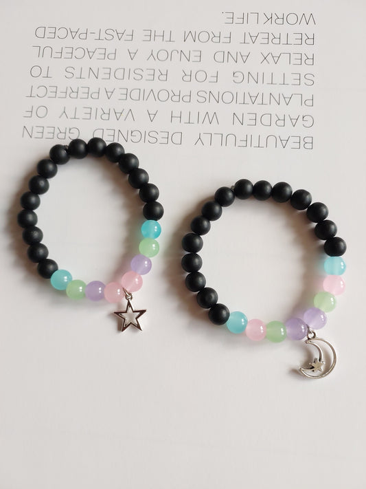 Adjustable Couple Glass Beads Bracelet  with Star moon Charms