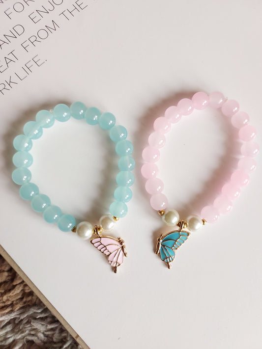 Adjustable Couple Glass Beads Bracelet With Butterfly Charms