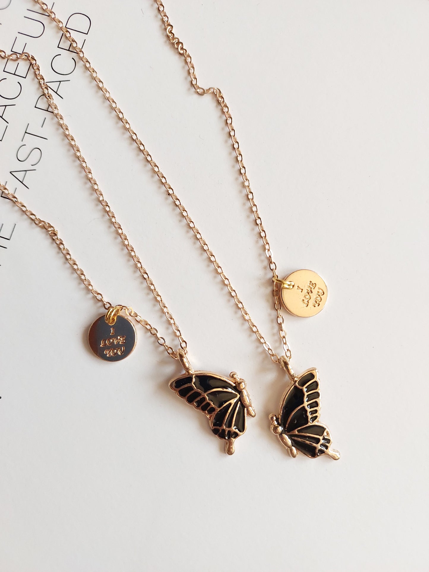 Black Butterfly Wings Friendship Necklace With i Love u charm