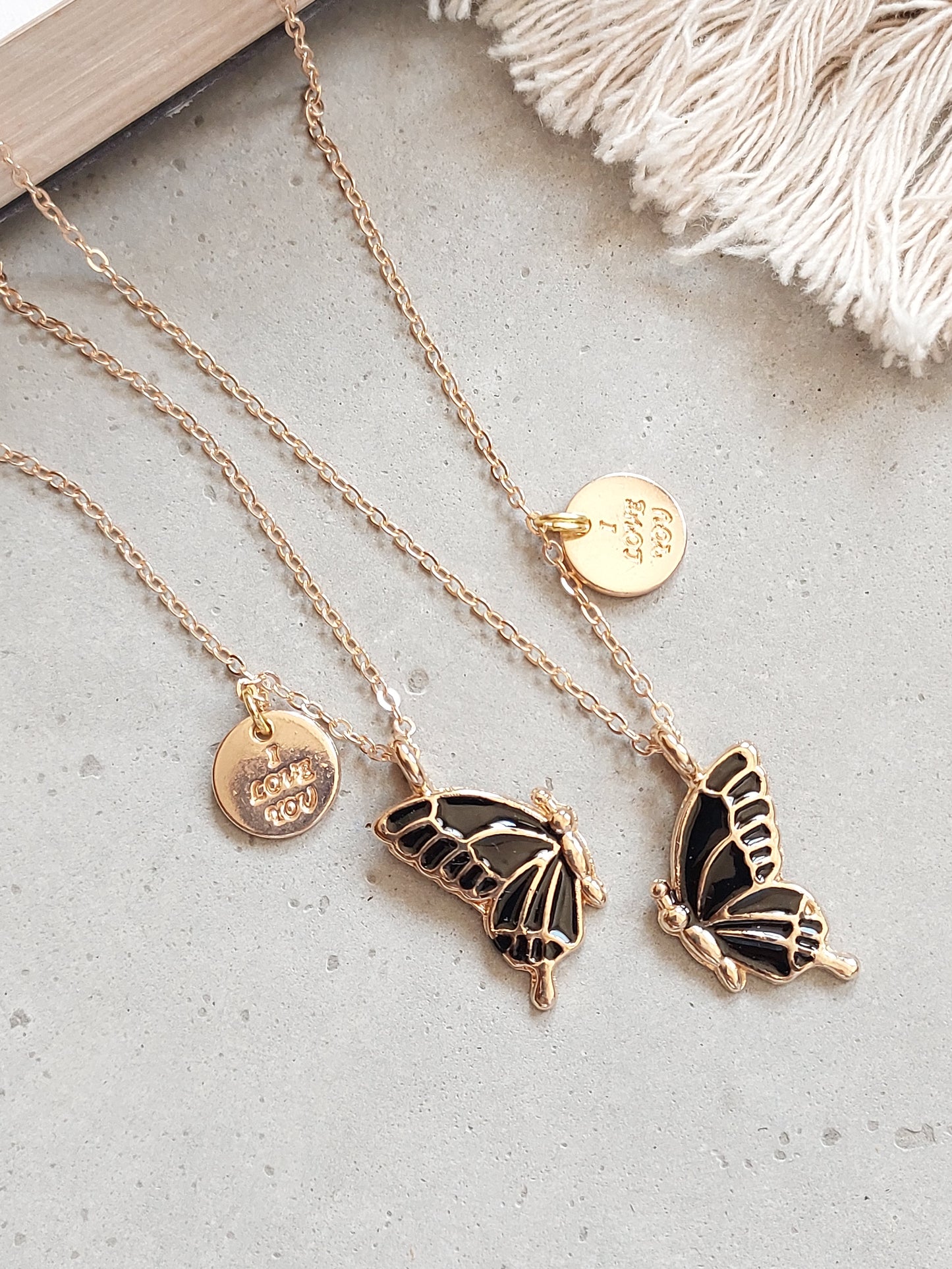 Black Butterfly Wings Friendship Necklace With i Love u charm