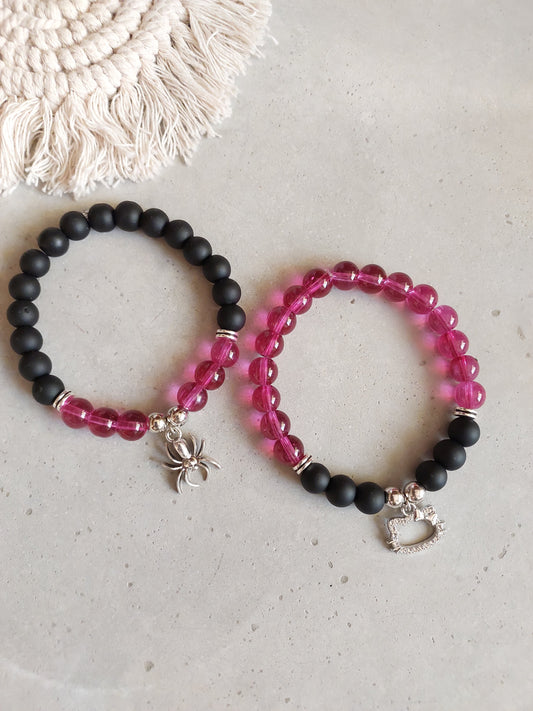 Adjustable Couple Glass Beads Bracelet  with Spyder kitty Charms