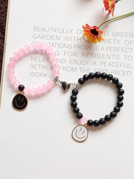 Adjustable Couple Glass Beads Bracelet With  Smiley Charms