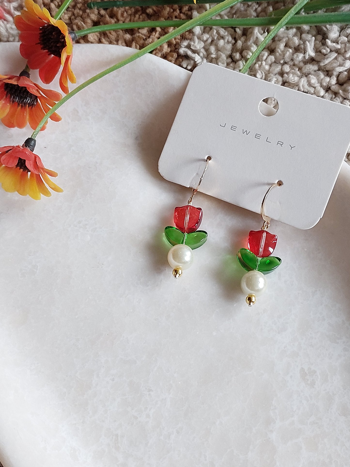 Korean gold Plated Red Tulip  Earrings