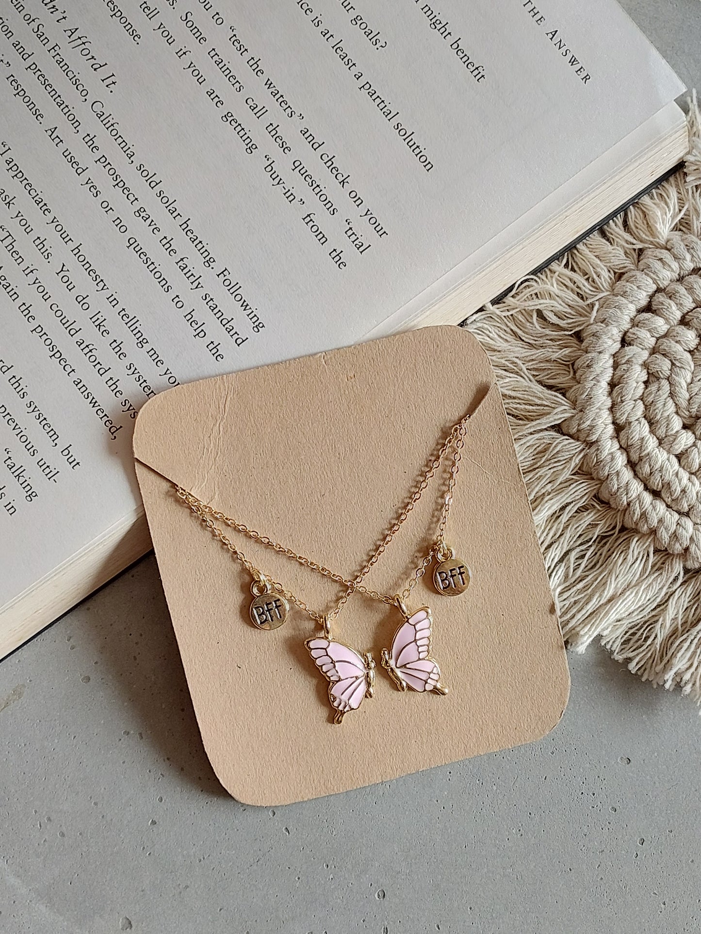 Pink Butterfly Wings Friendship Necklace With BFF charm