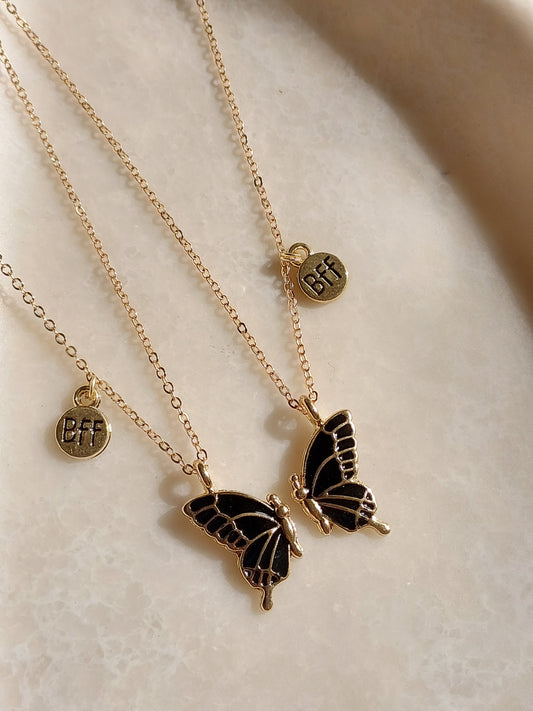 Black Butterfly Wings Friendship Necklace With BFF charm