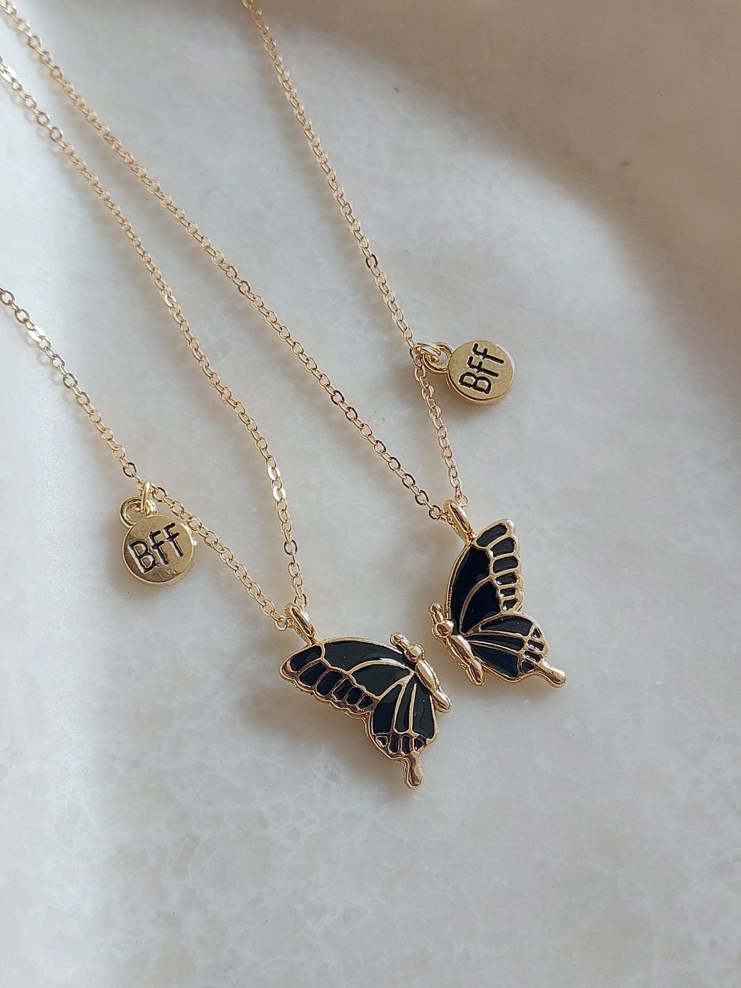 Black Butterfly Wings Friendship Necklace With BFF charm