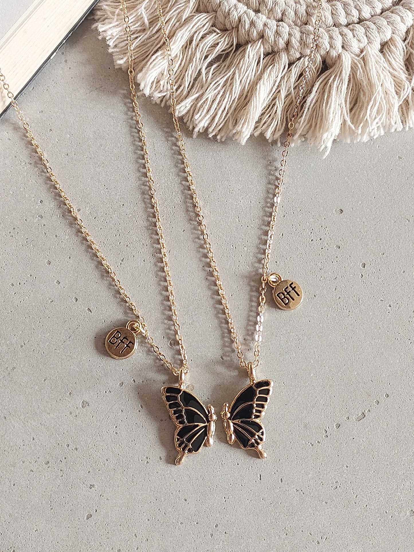 Black Butterfly Wings Friendship Necklace With BFF charm