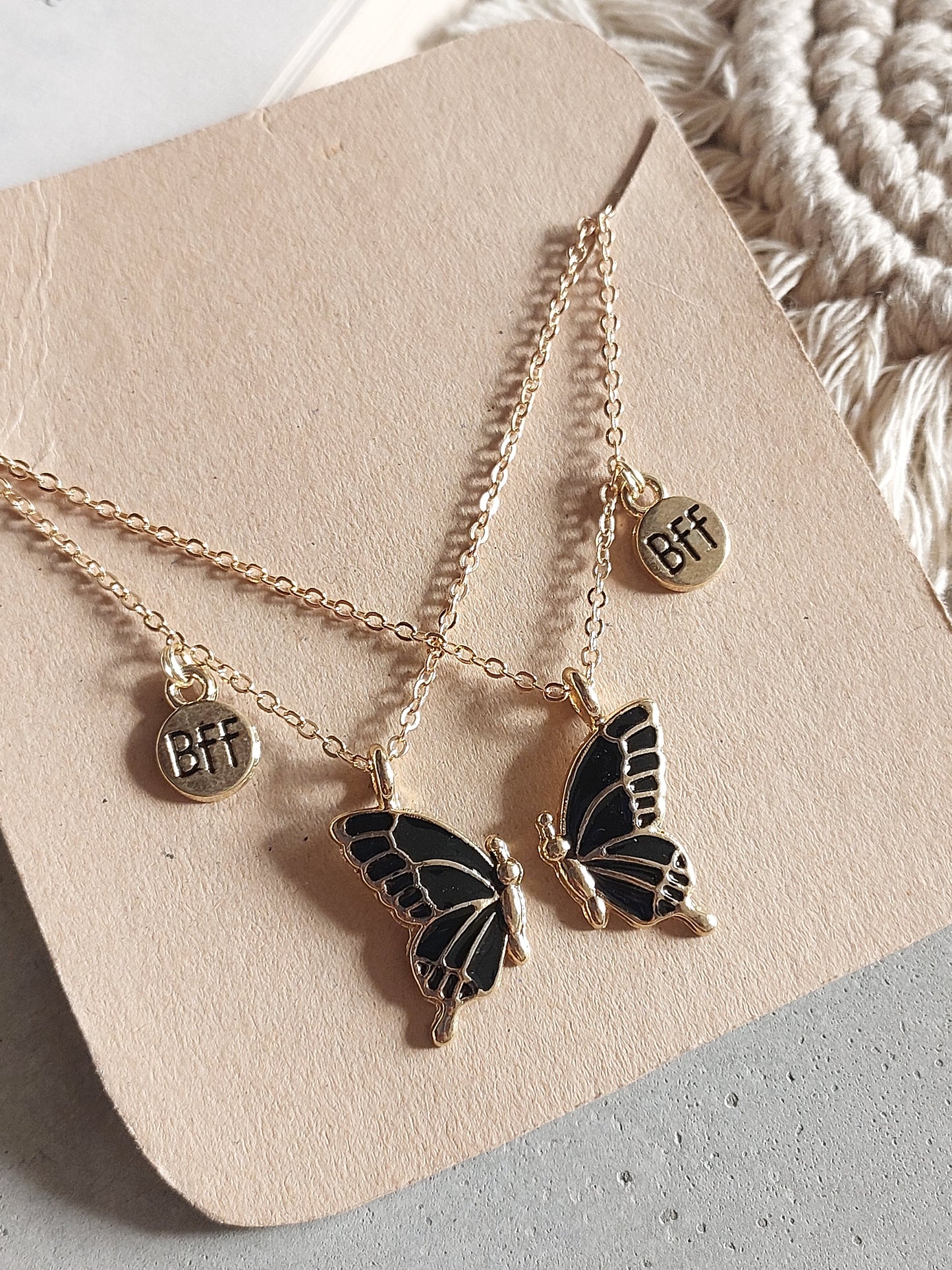 Black Butterfly Wings Friendship Necklace With BFF charm