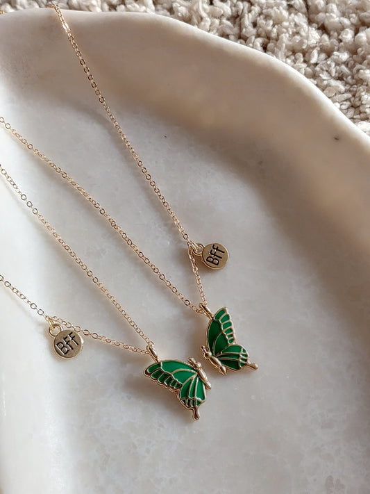 Green Butterfly Wings Friendship Necklace With BFF charm