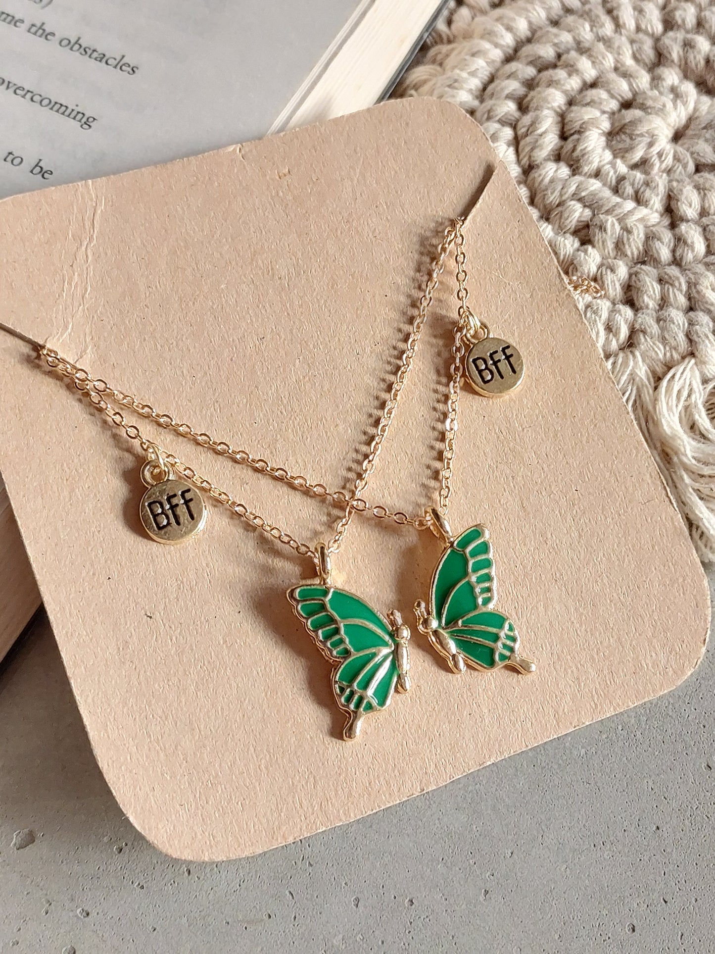 Green Butterfly Wings Friendship Necklace With BFF charm