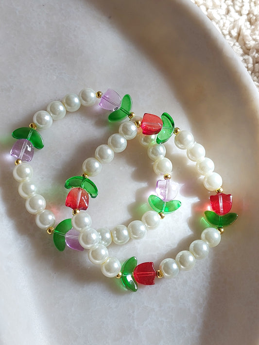 Adjustable Couple Glass Beads Bracelet With  Tulip Charms