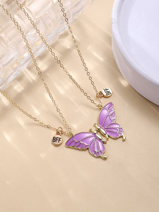 Purple  Butterfly Wings Friendship Necklace With BFF charm