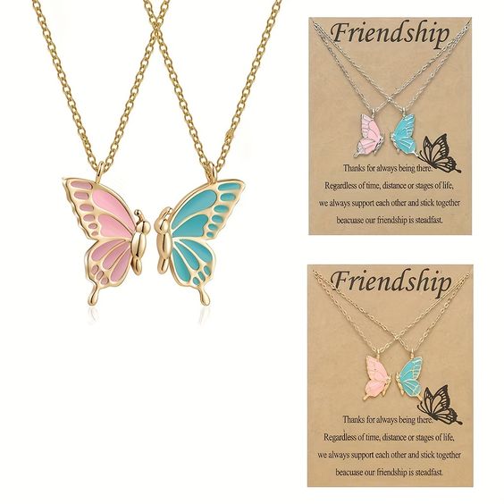 pink and sky Butterfly Wings Friendship Necklace