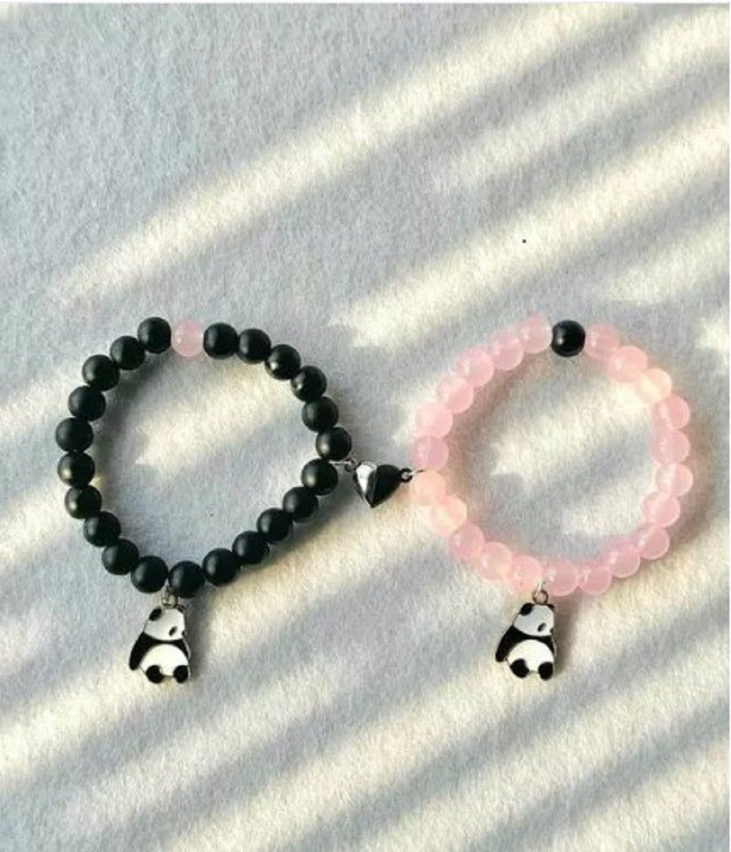 Adjustable Couple Glass Beads Bracelet With Magnetic Hart  with Panda Charms