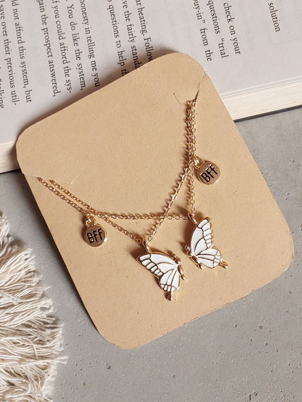 White  Butterfly Wings Friendship Necklace With BFF charm