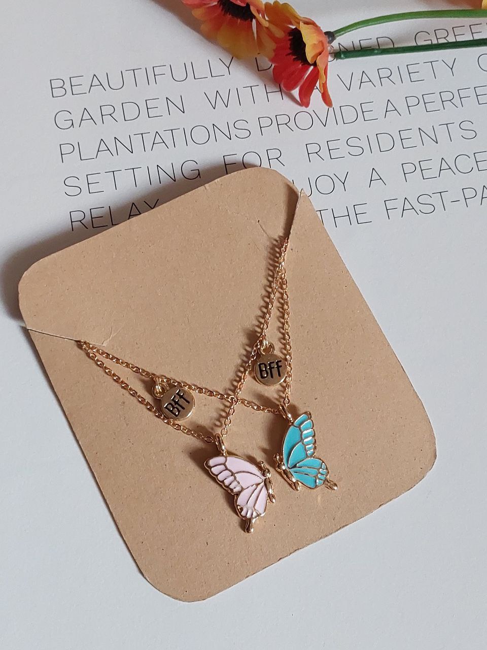 Pink and sky Butterfly Wings Friendship Necklace With BFF charm