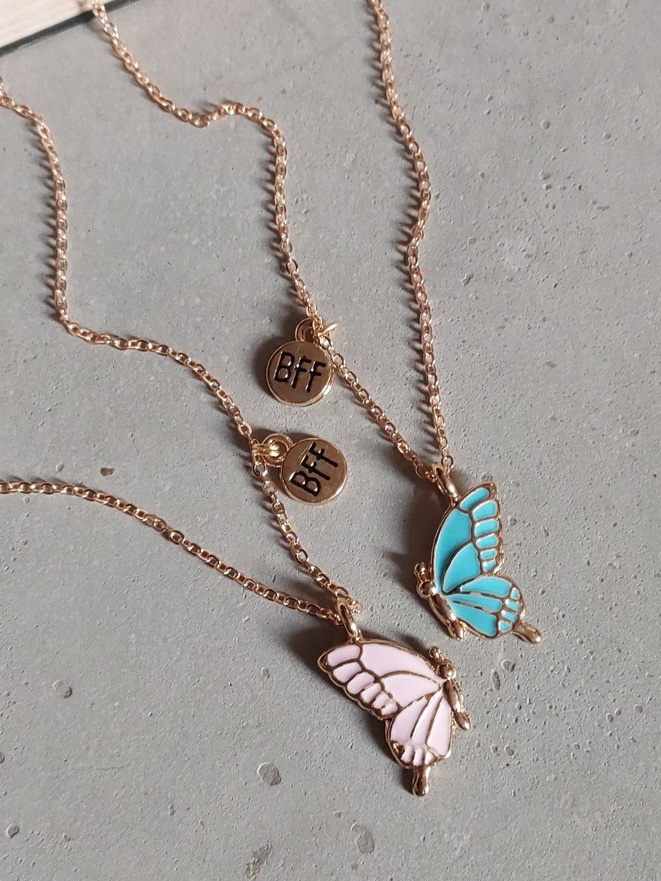 Pink and sky Butterfly Wings Friendship Necklace With BFF charm