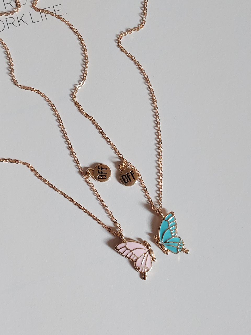 Pink and sky Butterfly Wings Friendship Necklace With BFF charm