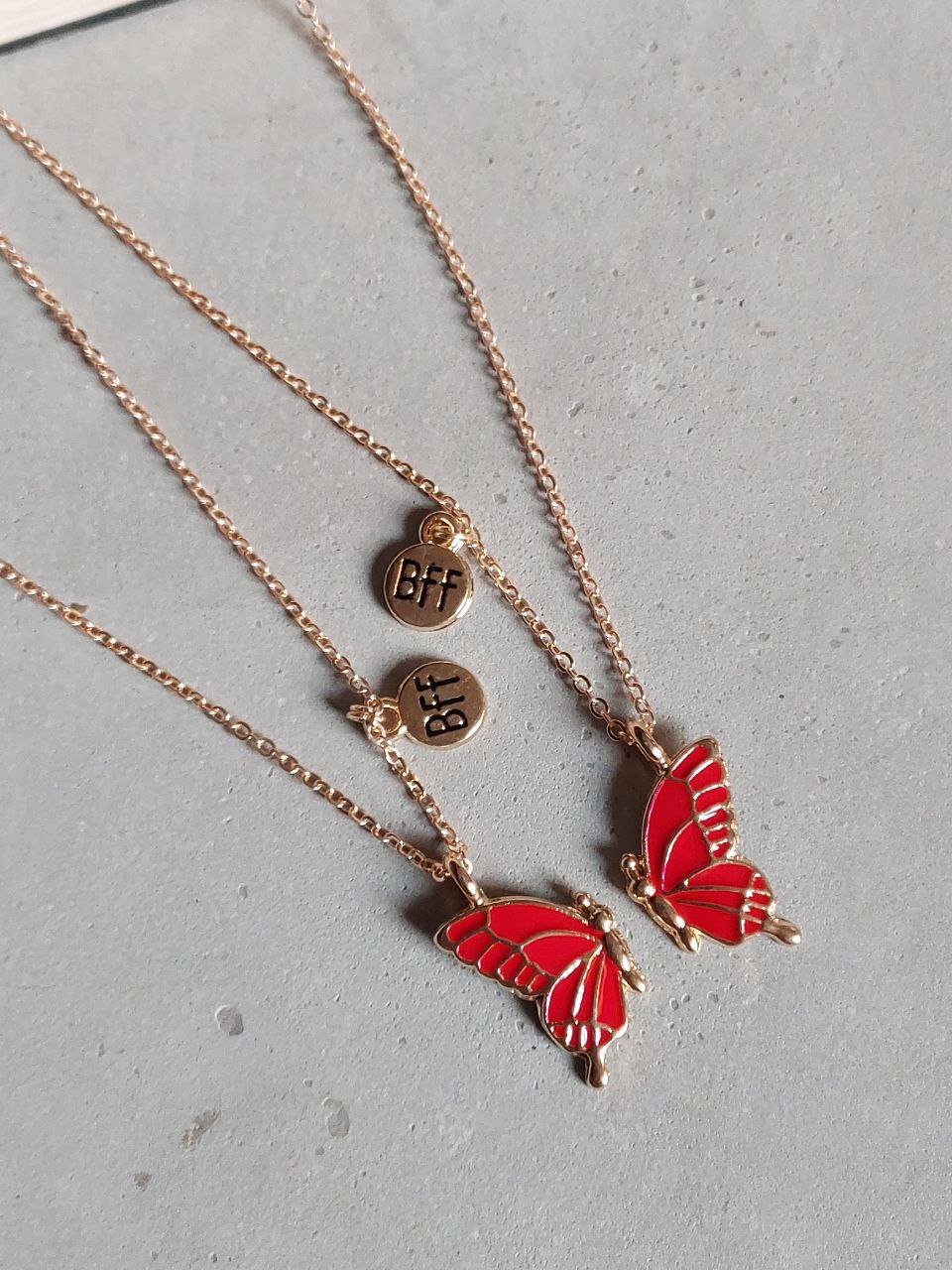 Red Butterfly Wings Friendship Necklace With BFF charm