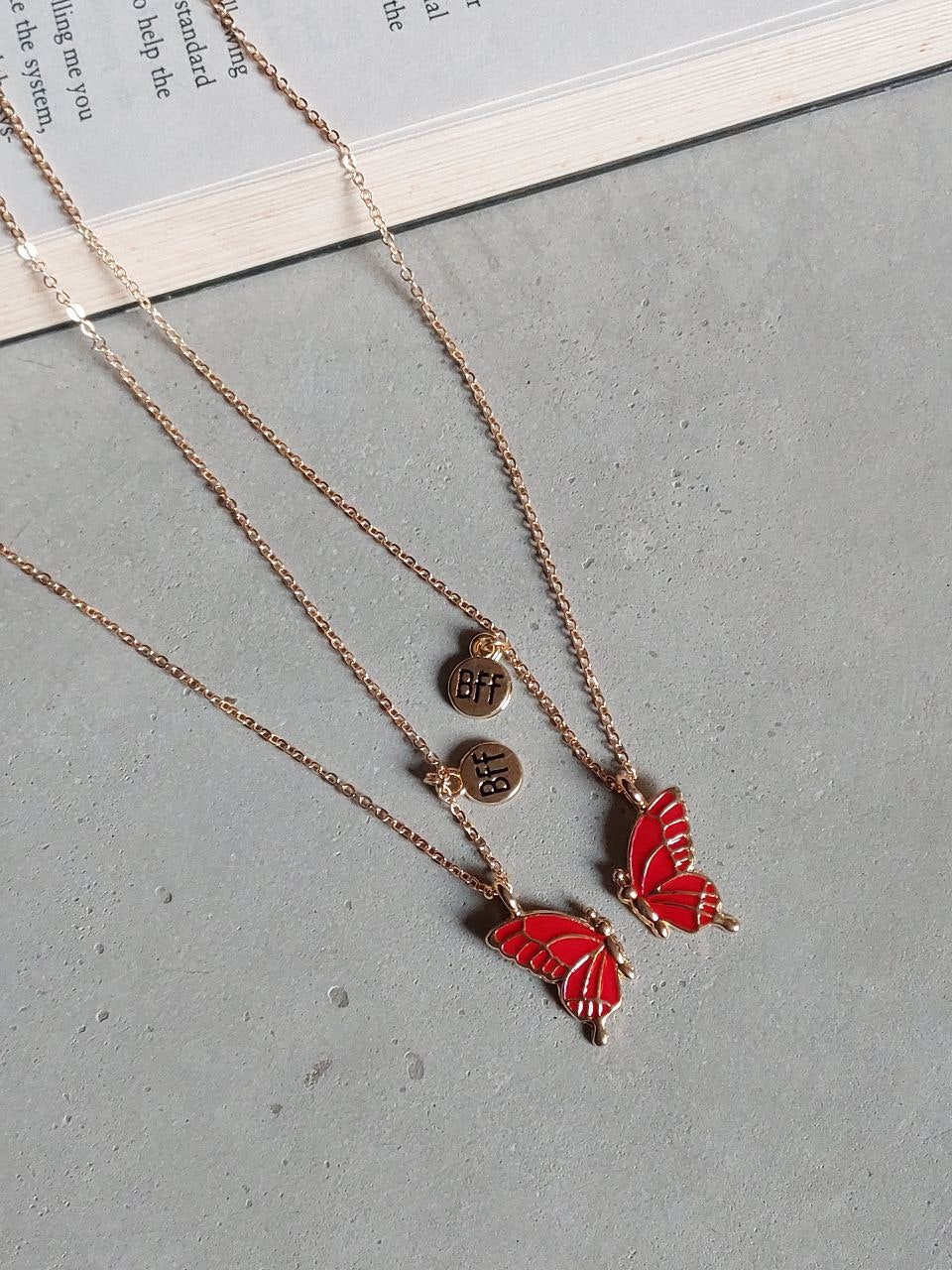 Red Butterfly Wings Friendship Necklace With BFF charm